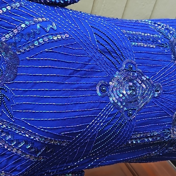 VINTAGE BEADED BLOUSE LESLIE FAY EVENINGS SHOULDER PADS L BLUE FANCY WOMEN'S - Picture 3 of 7